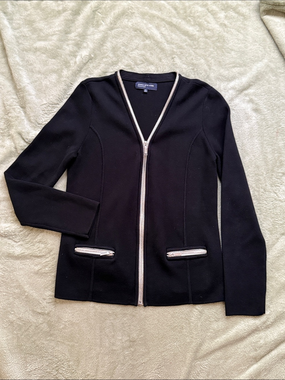 NWOT Jones New York Black Zip-Front Blazer with Silver Trim